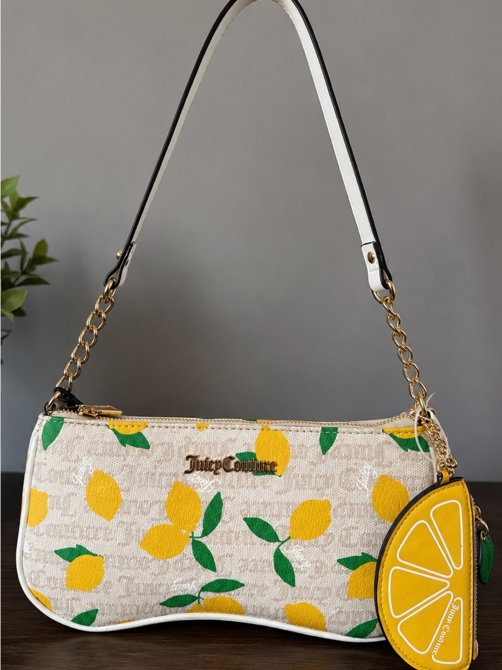 Juicy Couture Lemon Print Shoulder Bag w/ Lemon Slice Coin Purse Charm Y2K